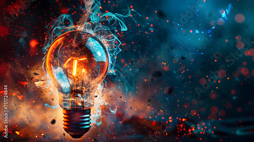 A dynamic image of a light bulb shattering amidst fiery sparks and smoke
