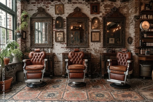 Old-fashioned barbershop interior with leather chairs and mirrors