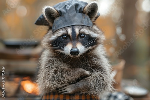 A gourmet chef raccoon preparing a feast in a secret forest kitchen, ideal for a unique culinary brand.