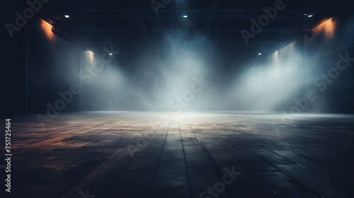 Empty Room or Street Background with Neon Light, Bokeh, Smoke, Fog, Asphalt, Concrete Floor