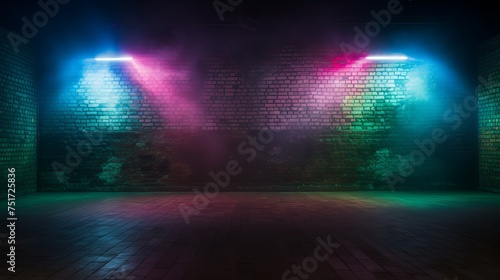Empty Room with Brick Walls, Neon Lights, Laser Lines, and Multicolored Smoke