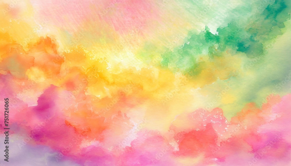 colorful watercolor background of abstract sunset or easter sunrise sky with puffy color splash clouds in bright painted colors of pink yellow orange and green
