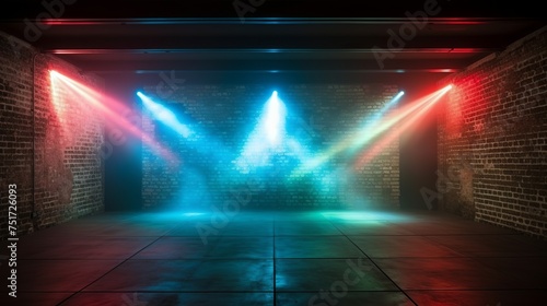 Empty Room with Brick Walls, Neon Lights, Laser Lines, and Multicolored Smoke