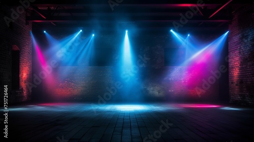 Empty Room with Brick Walls  Neon Lights  Laser Lines  and Multicolored Smoke