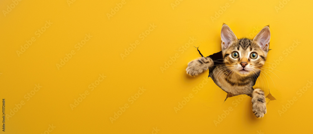 The tiny tabby kitten gazes with big round eyes, its paws and head poking curiously through the torn opening of yellow paper - obrazy, fototapety, plakaty 
