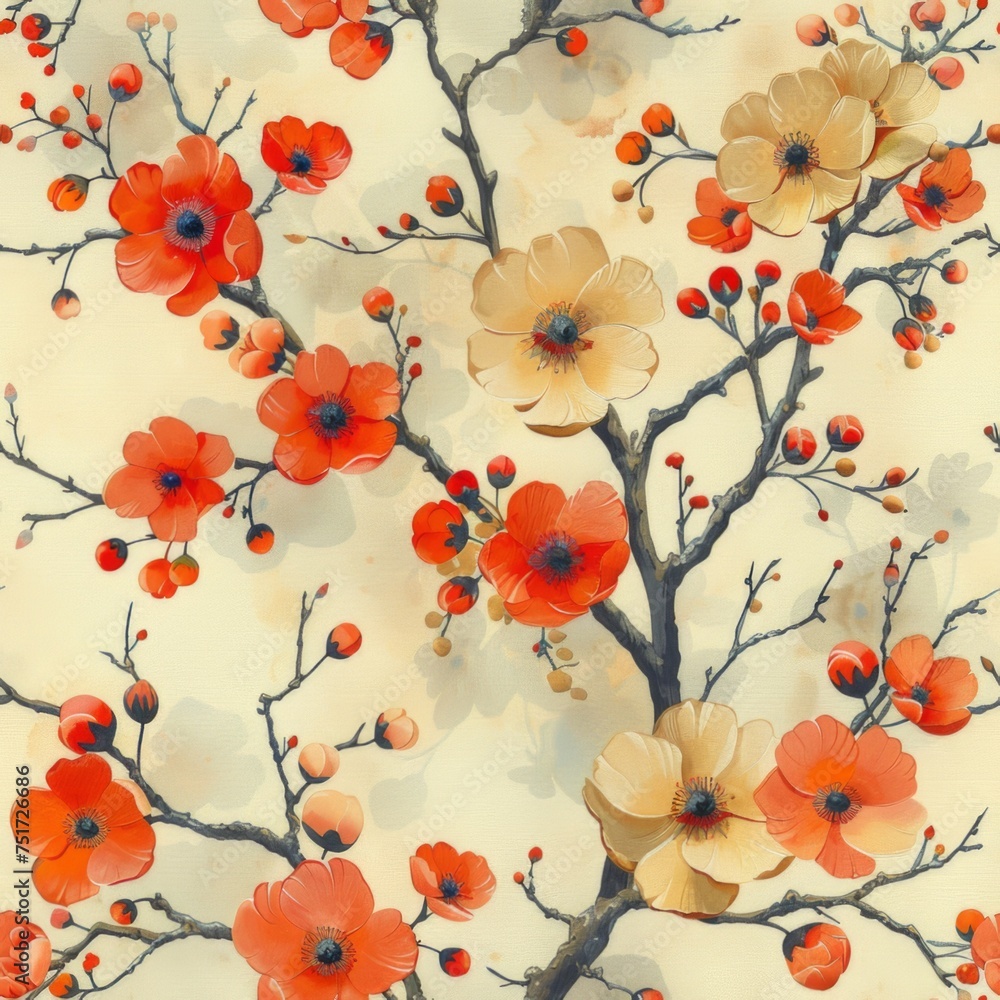 Graceful Springtime Branches adorned with Blossoms of varied sizes and hues Seamless Pattern - image 2