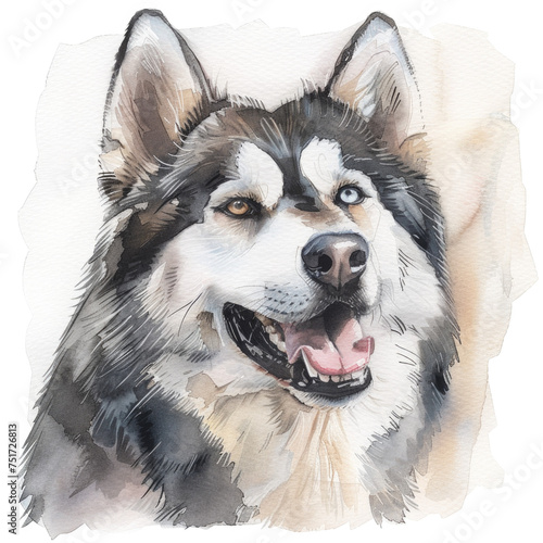 Alaskan Malamute happy watercolor white background