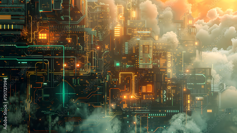 Fototapeta premium Futuristic cityscape with glowing circuitry