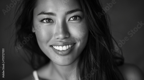 Black and white monochrome portrait of a ethnically mixed woman with a captivating smile. © Synaptic Studio