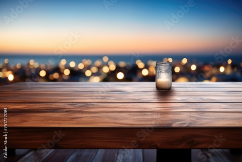 Wooden table top with blurry beach in the backdrop at dusk  A wooden table top with a blurry background of a beach   Ai generated