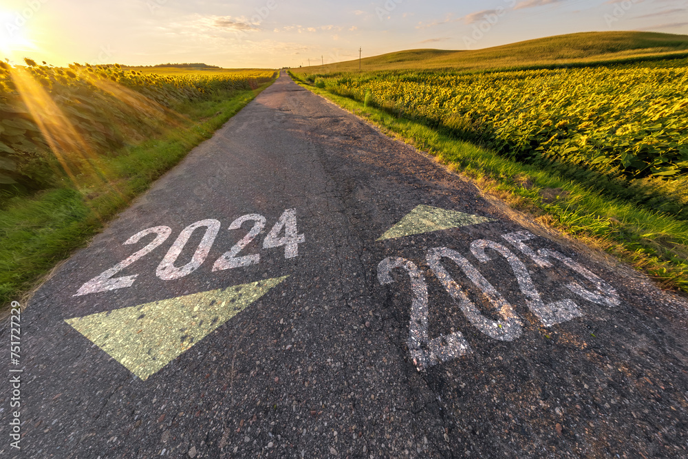 numbers 2024, 2025 on asphalt road highway with sunrise or sunset sky background. concept of destination in future, freedom, work start, run, planning, challenge, target, new year