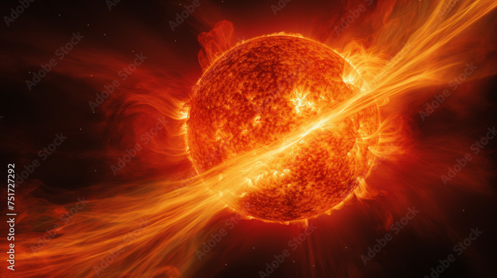 Obraz premium The image captures a massive solar flare eruption from an intensely flaming sun, set in space