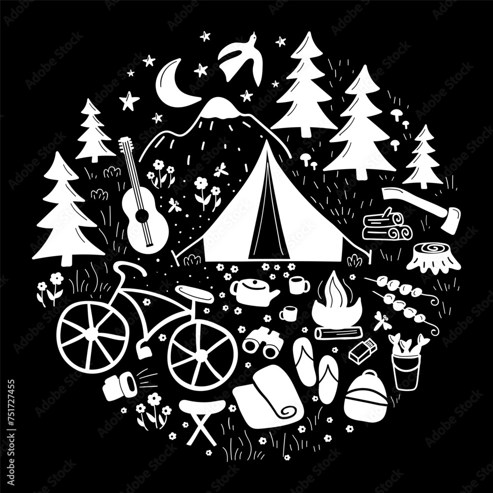 Monochrome badge Camping activities BW