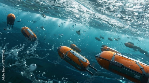 3D render of a fleet of robotic drones skimming the ocean surface collecting plastic waste with precision and efficiency