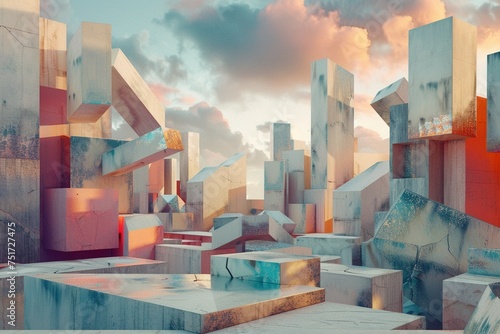 3D render of a fragmented cityscape where buildings are deconstructed into geometric shapes embodying a fusion of Cubism and Avant Garde against a twilight sky