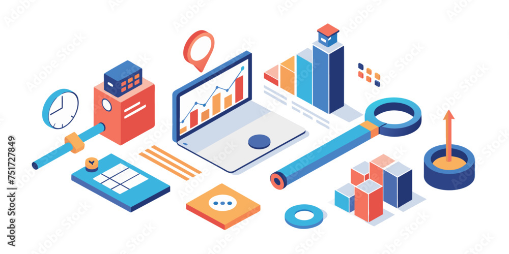Isometric illustration design concept. Analyze data and search SEO optimization Isometric illustration design concept. Analyze data and search SEO optimization