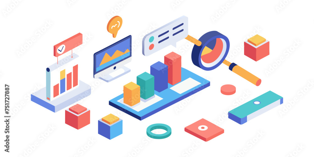 Isometric illustration design concept. Analyze data and search SEO optimization Isometric illustration design concept. Analyze data and search SEO optimization