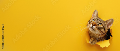 This image features a tabby cat with wide eyes peering through a torn yellow paper, depicting wonder photo