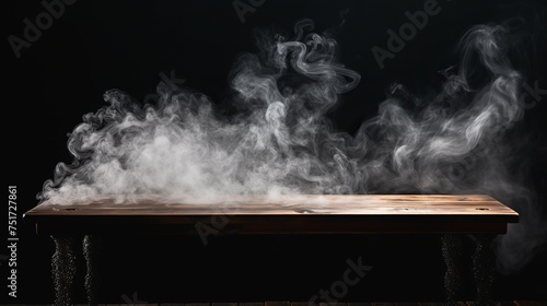 Empty Wooden Table with Rising Smoke on Dark Background