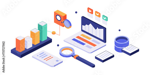 Isometric illustration design concept. Analyze data and search SEO optimization
