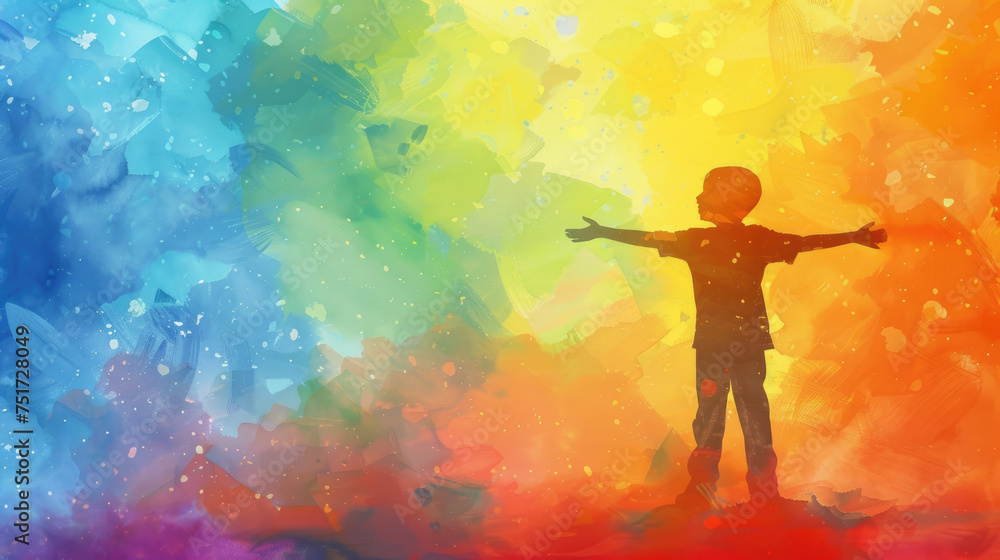 watercolor illustration, World Autism Awareness Day, silhouette of a small boy child on a rainbow colored background, vintage style