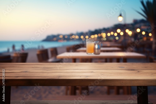 Wooden table top on blurry background of sea island and fresh blue sky, Wooden table top with blurry beach in the backdrop at dusk, Ai generated