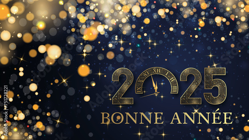 carte ou bandeau pour souhaiter une bonne année 2025 en or le 0 est une horloge sur fond dégradé bleu foncé avec des étoiles et des cercles de couleur or en effet bokeh photo