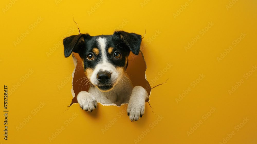 Cute Jack Russell Terrier peeking through a torn yellow paper wall, perfect representation of curiosity and surprise Cute Jack Russell Terrier peeking through a torn yellow paper wall, perfect representation of curiosity and surprise