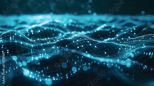 Abstract digital landscape with flowing blue neon particles and wave-like patterns