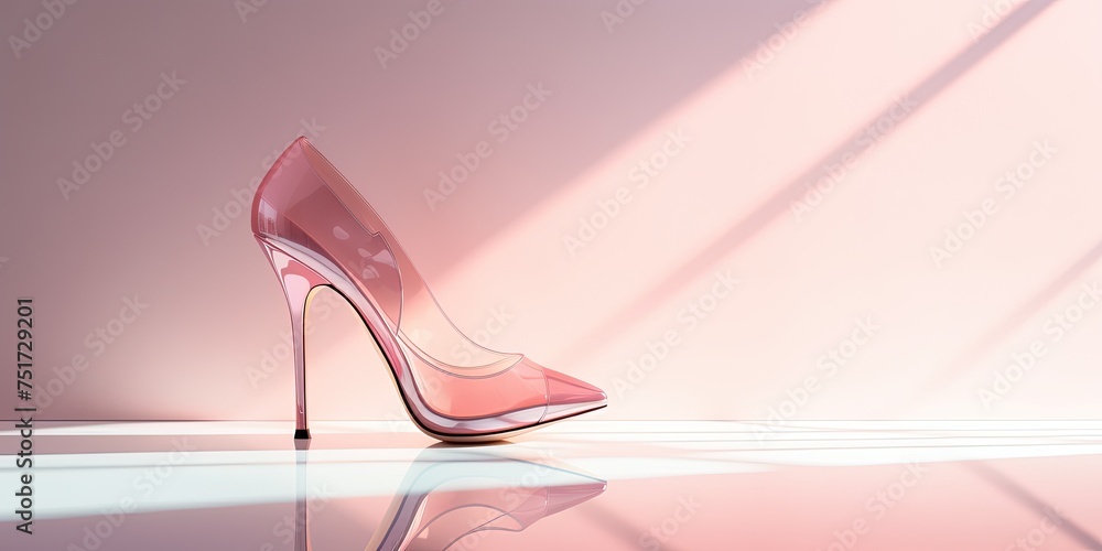A fashionable high heel against a minimalist backdrop with a soft pink light and clear glass A fashionable high heel against a minimalist backdrop with a soft pink light and clear glass