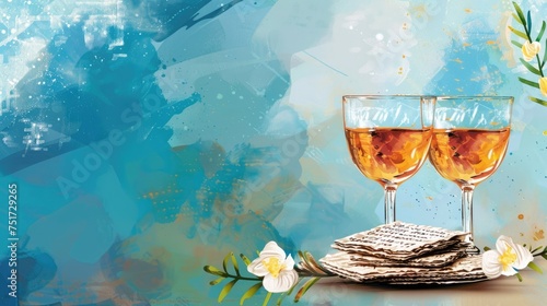 watercolor illustration, Passover, Passover seder, traditional Jewish matzo cakes and a glass of wine, blue background, vintage style, copy space, place for text photo
