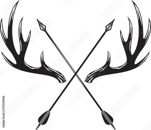 Deer Antlers with Crossed Arrows Black and White. Horns Vector Illustration.