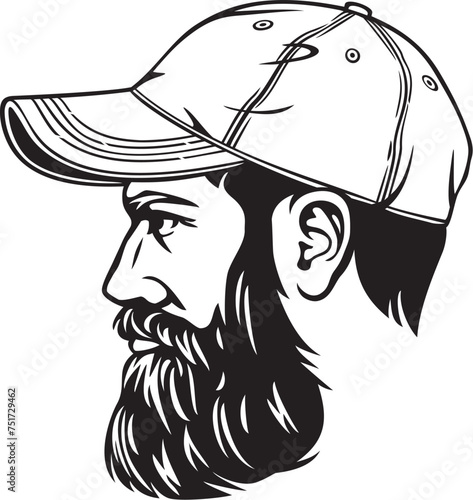 Hipster Fashion Man with Baseball Cap and Beard. Black and White. Vector Illustration.