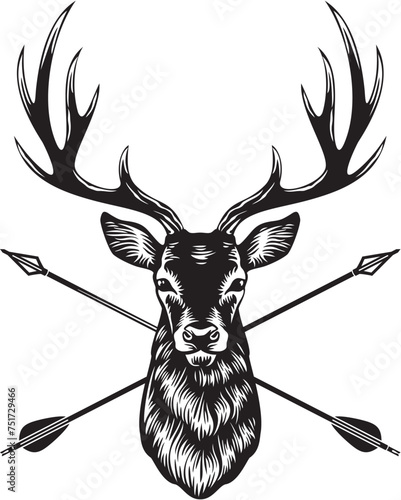 Deer Head with Crossed Arrows Black and White. Vector Illustration.