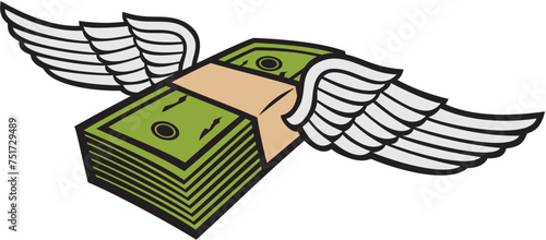 Flying Money with Wings Color. Vector Illustration.