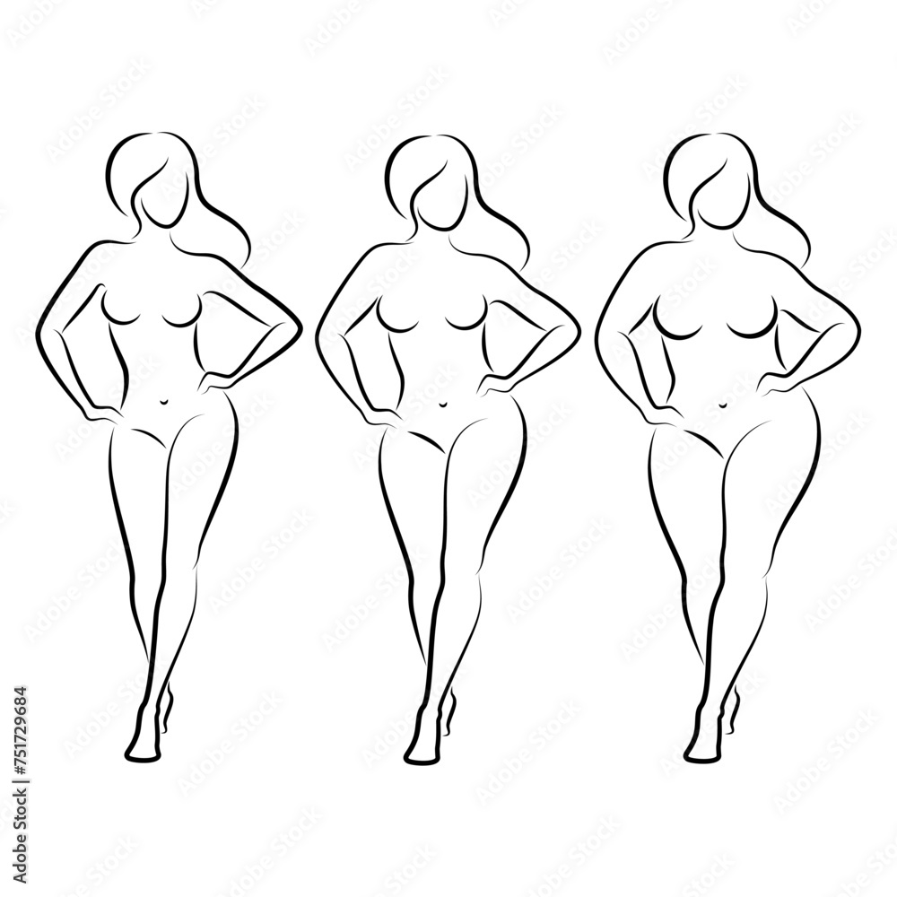 Collection. Silhouette of a beautiful woman figure. The lady is standing. The girl is thin, slender, and the woman is fat. Set of vector illustrations. Collection. Silhouette of a beautiful woman figure. The lady is standing. The girl is thin, slender, and the woman is fat. Set of vector illustrations.