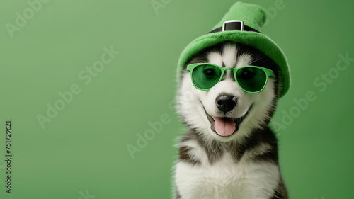 Husky dog on plain green studio background with copy space for text. Happy husky puppy in a green leprechaun hat and sunglasses. St Patrick Day themed animal photo for festive horizontal banner photo