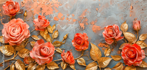 Coral roses mingling with golden fronds on a textured backdrop, a burst of vivid flora.