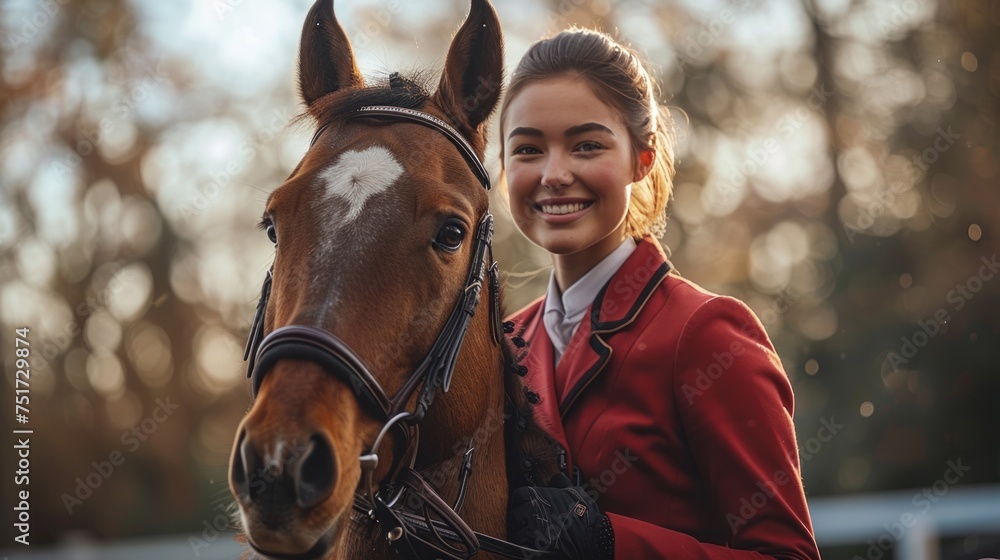 Obraz premium Woman in Red Jacket Standing Next to Brown Horse