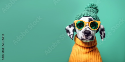 Dalmatian puppy in orange sweater, yellow sunglasses and green hat on plain green studio background. Dog in human clothes on green background with copy space for text. © Milan