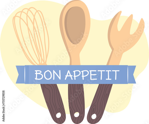 Kitchen utensils illustration whisk, spoon, spatula, Bon Appetit text. Cooking tools culinary concept vector illustration