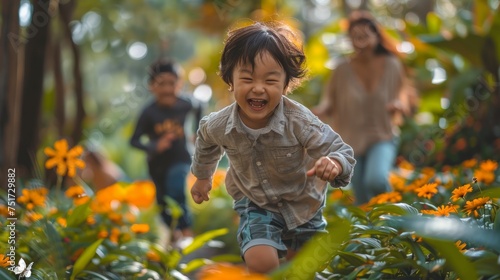 Young Child Running Through Forest With Orange Flowers