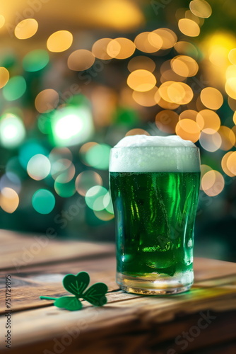 Glass of green beer and clover leaf photo for St Patrick’s day celebration banner. Green beer in a mug and a shamrock on a wooden table with bokeh lights. St Patrick Day Concept.