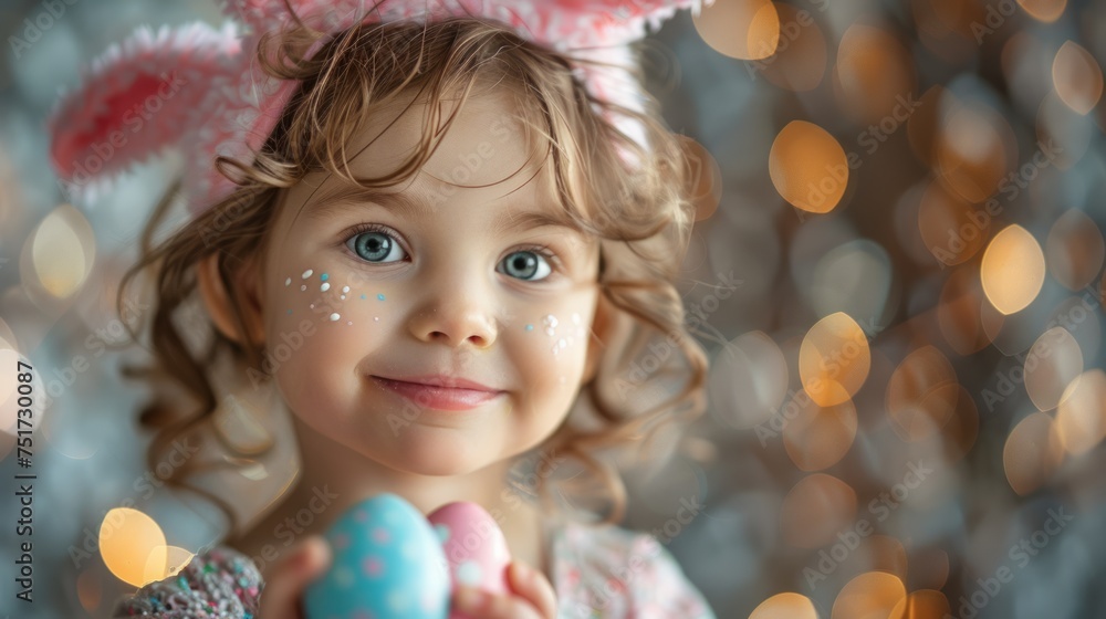 Little Girl Wearing Bunny Ears Holding Blue and Pink Easter Egg Little Girl Wearing Bunny Ears Holding Blue and Pink Easter Egg