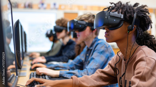 Group of Young People Using Virtual Reality Headsets in a Modern Classroom, Engaged in Interactive Learning