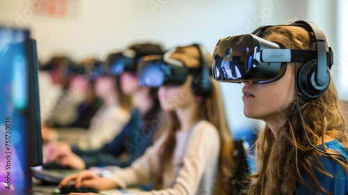Group of Young People Using Virtual Reality Headsets in a Modern Classroom, Engaged in Interactive Learning © romanets_v