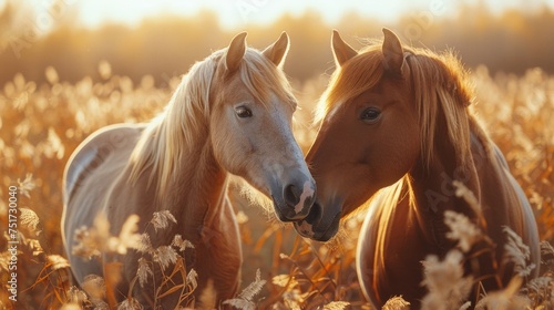 Two White Horses Standing in Field