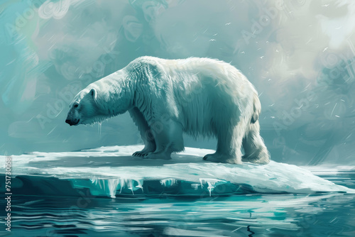 A starving polar bear, looking for food, on a shrinking ice floe. © mila103