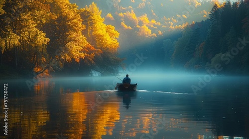 Man Boating on Lake Surrounded by Trees © olegganko