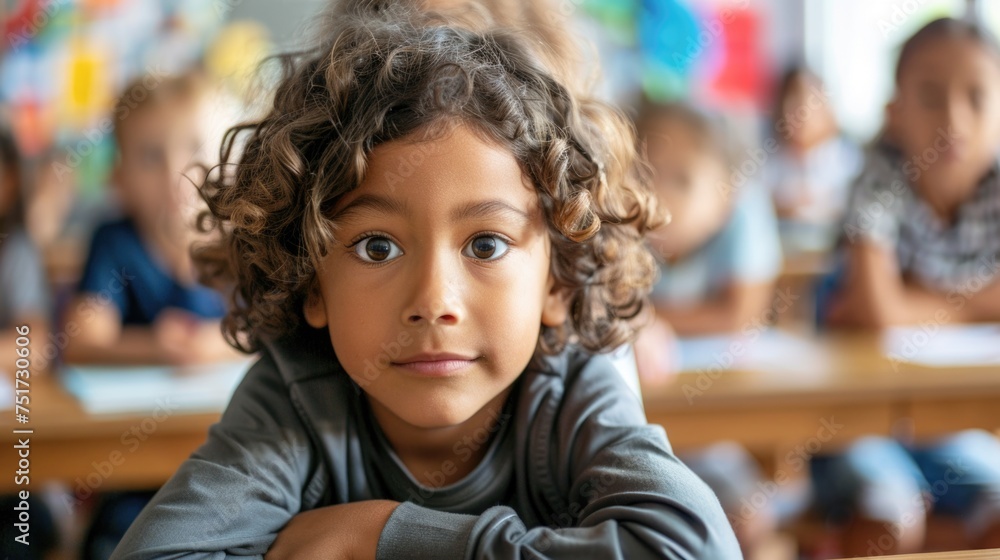Smiling Boy in Classroom with Friends in Background Smiling Boy in Classroom with Friends in Background
